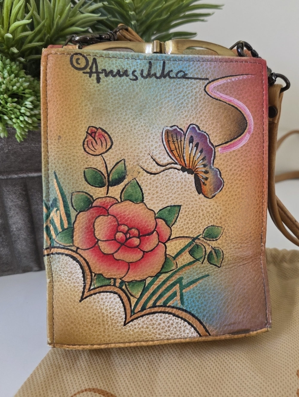 Anuschka Hand Painted Leather Crossbody Bag Butterfly Floral Mini Purse Clutch - Picture 5 of 16
